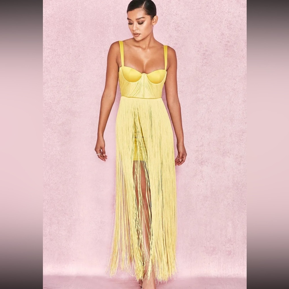 HOUSE OF CB 'Emee' Acid Yellow Satin Fringe Dress - Picture 7 of 17